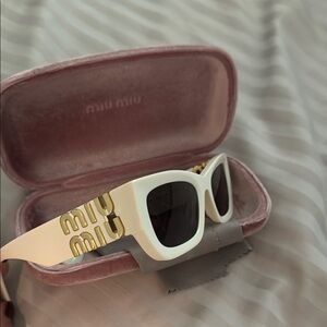 Miu Miu White Frame Sunglasses with Gold Logo Hardware
